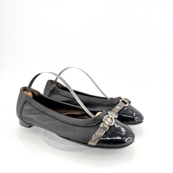AGL Italy Monika Ballet Flat Size 35 5 Black Silver Cap Toe Leather Comfy - Picture 1 of 16